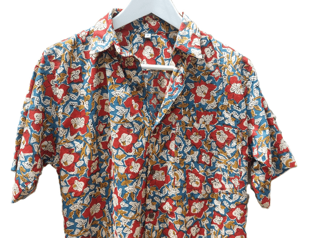 Chemise d'été homme manches courtes, coton léger imprimé à la main, motif floral rouge, bleu, beige
