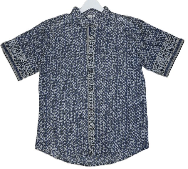 Chemise d'été homme manches courtes, coton léger, motif floral bleu et beige