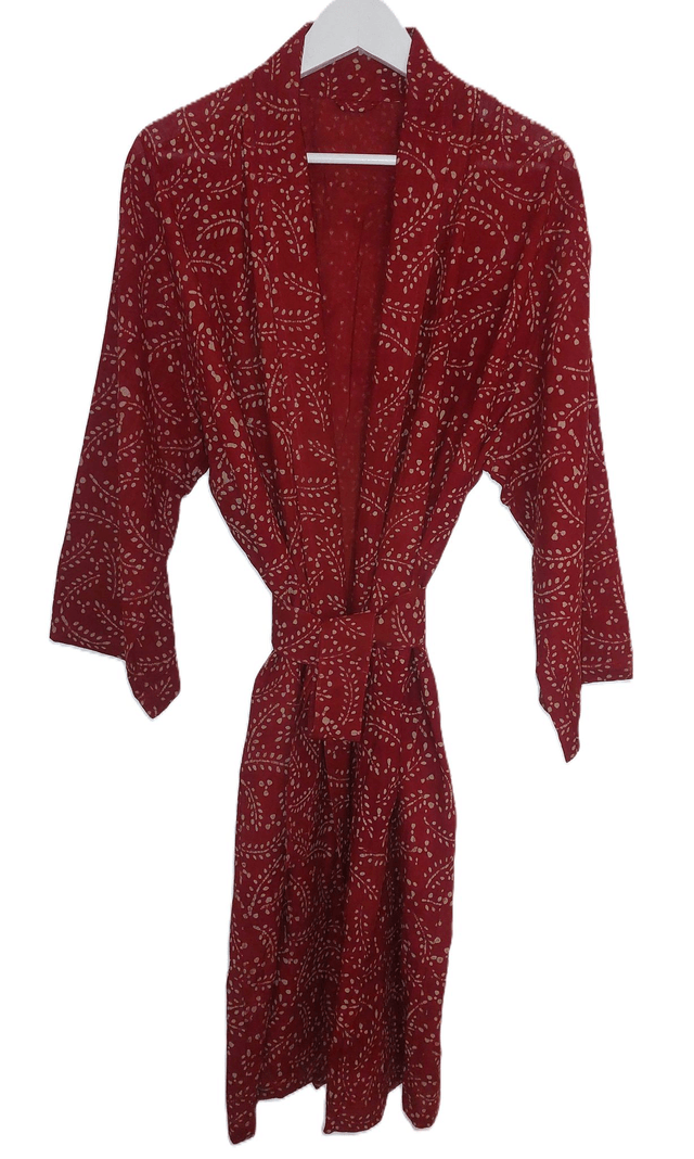 Peignoir unisexe, teintures naturelles artisanales, imprimé à la main, rouge et blanc, robe de chambre L.110cm