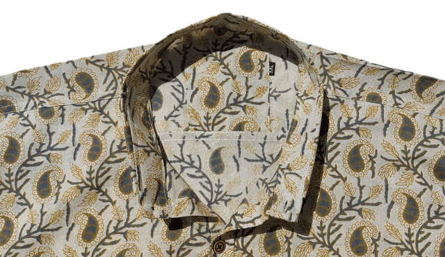 Chemise d'été homme manches courtes, coton léger, motifs jaunes, gris et beige