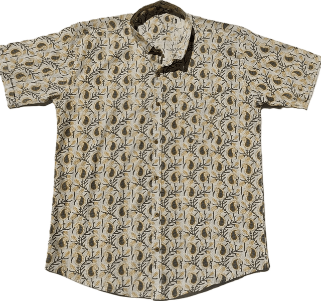 Chemise d'été homme manches courtes, coton léger, motifs jaunes, gris et beige