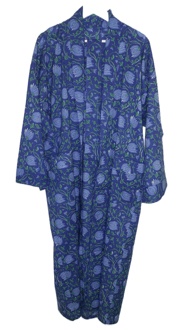Peignoir kimono unisexe en coton naturel imprimé à la main, motif floral bleu, vert, robe de chambre L.130cm 