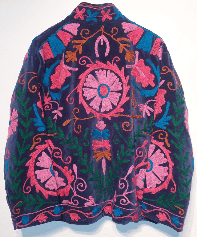 Veste en velours bleu brodé Suzani, faite main