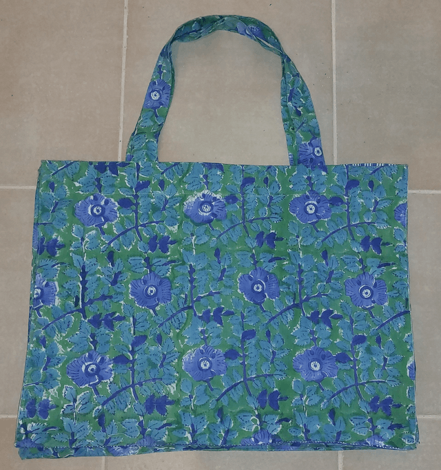 Grand sac cabas bleu et vert en coton imprimé à la main au blockprint, tote bag, confectionné en Inde