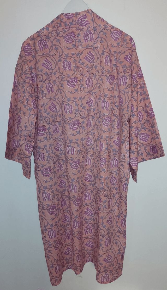 Robe kimono en coton, peignoir, robe de chambre, imprimé à la main, motif floral pourpre, rose orangé et gris, L.100cm 