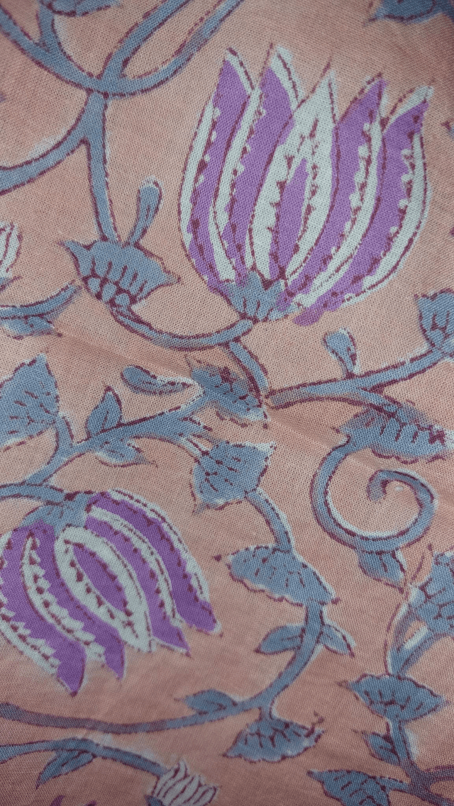 Robe kimono en coton, peignoir, robe de chambre, imprimé à la main, motif floral pourpre, rose orangé et gris, L.100cm 