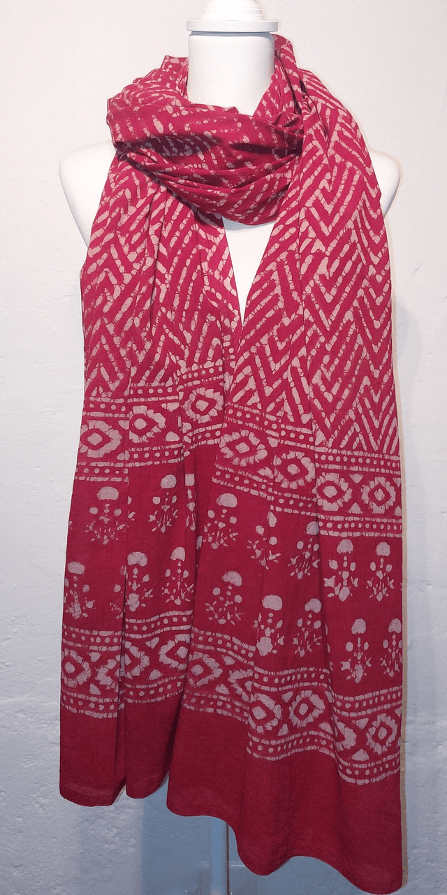 Châle, teinture naturelle rouge, coton imprimé à la main, écharpe légère, dupatta - Cadeau femme artisanal éthique