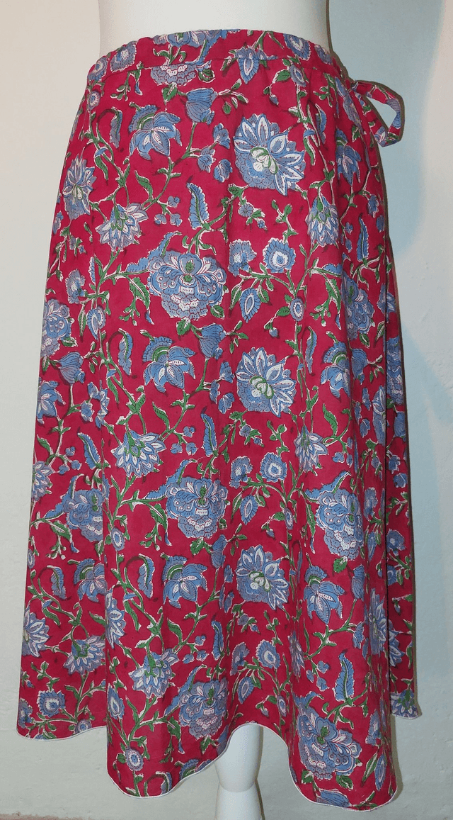 Jupe d'été mi-longue - Coton voile léger – Imprimé Block Print Artisanal – Motif floral bleu sur rouge – Slow fashion femme 