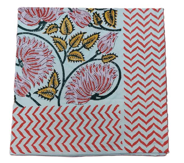 Grande nappe rectangulaire et 6 serviettes imprimées à la main, coton de grande qualité, motif floral rose, jaune et vert 