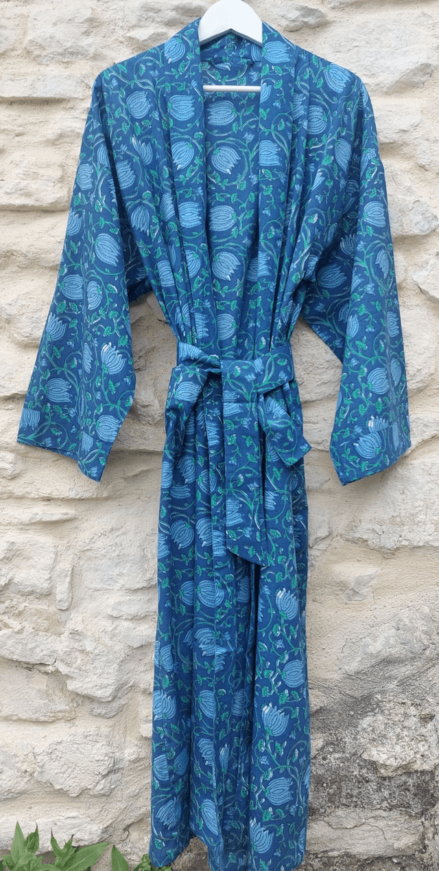 Peignoir kimono unisexe en coton naturel imprimé à la main, motif floral bleu, vert, robe de chambre L.130cm 