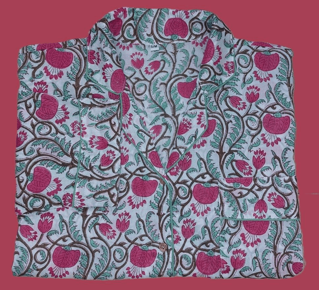 Pyjama femme en coton léger imprimé à la main – Ensemble boutonné deux pièces - rose et vert