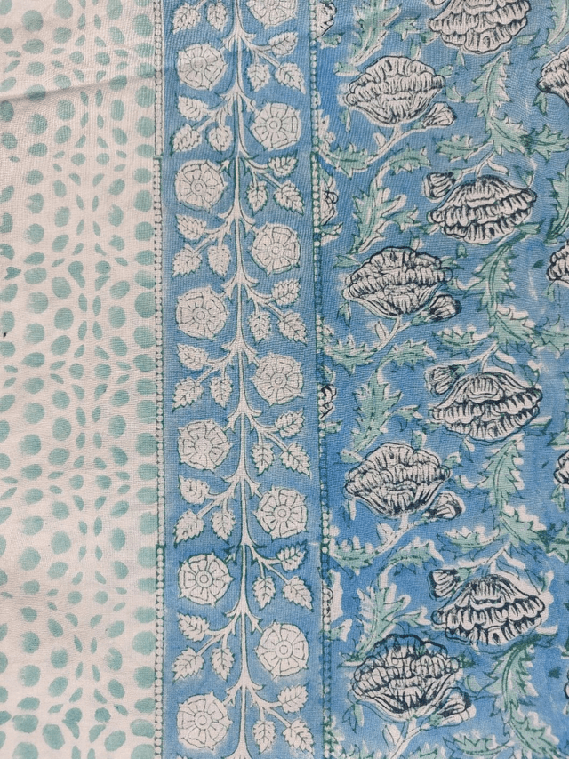 Paréo de plage en coton indien imprimé à la main – Motif floral bleu, vert et blanc – Étole & châle bohème 