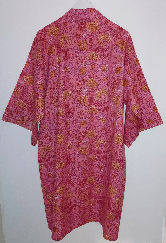 Robe kimono en coton, peignoir, robe de chambre, imprimé à la main, motif floral rose et orange, L.100cm  