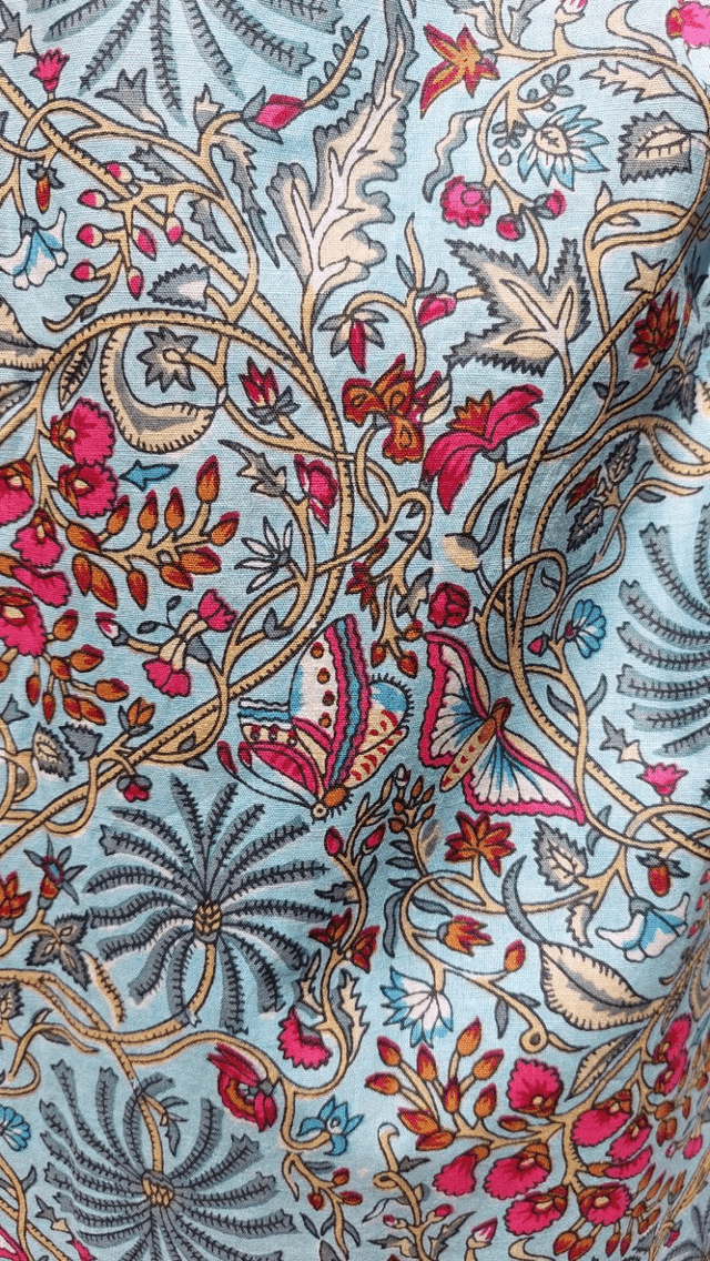 Robe kimono longue en coton, peignoir, robe de chambre, motif floral et papillons blanc, bleu, rose, L.120cm   