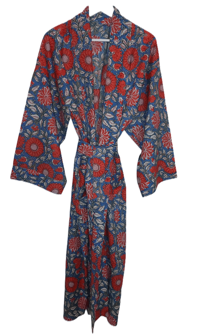 Peignoir kimono en coton naturel imprimé à la main, motif floral orange, vert, bleu canard, robe de chambre L.130cm 