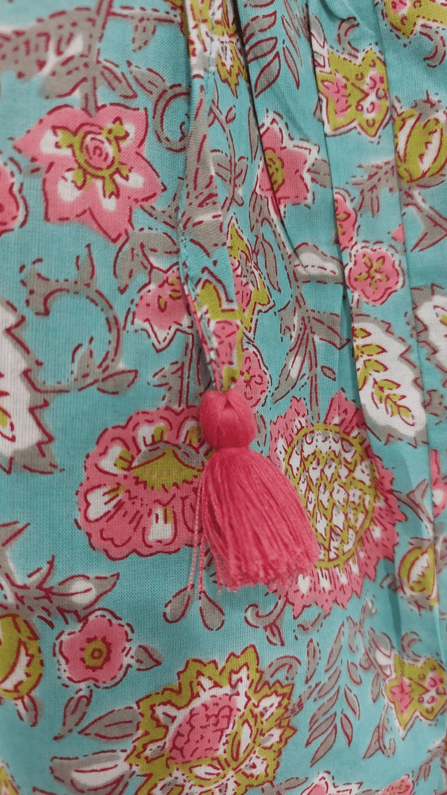 Salopette d'été à pompons - Fille 2-5 ans -  Coton indien léger imprimé à la main – Motif floral – Jaune ou bleu