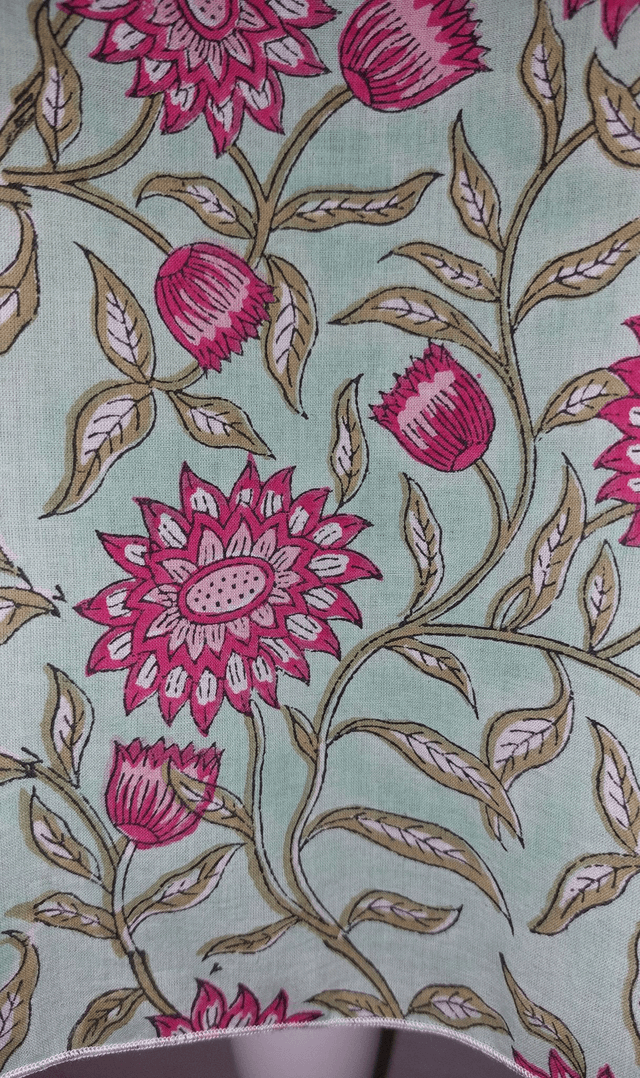 Jupe d'été mi-longue - Coton indien – Imprimé Block Print Artisanal – Motif floral rose sur vert clair – Slow fashion femme 
