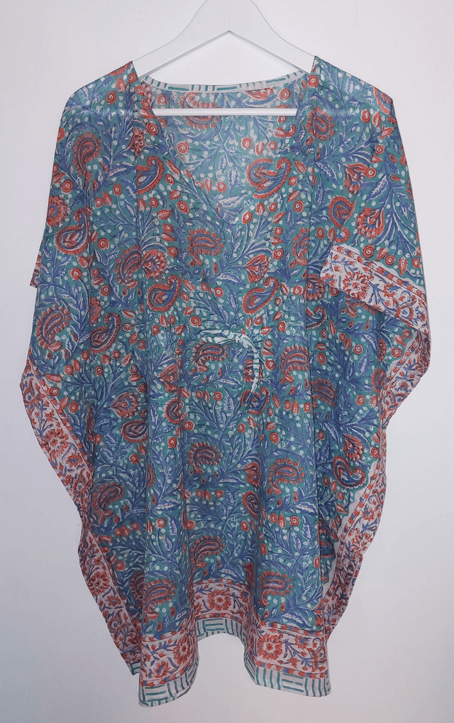 Caftan en coton voile imprimé à la main - Léger, artisanal, estival - vert