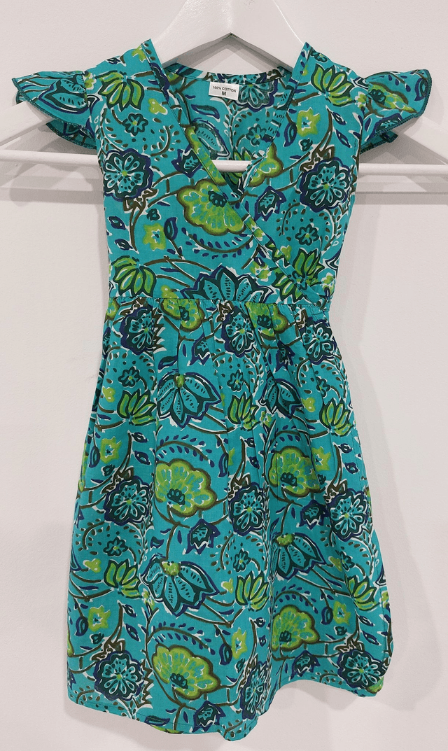 Robe portefeuille d'été - Fille 2-7 ans - Coton indien léger imprimé à la main - Pompons - Motif floral