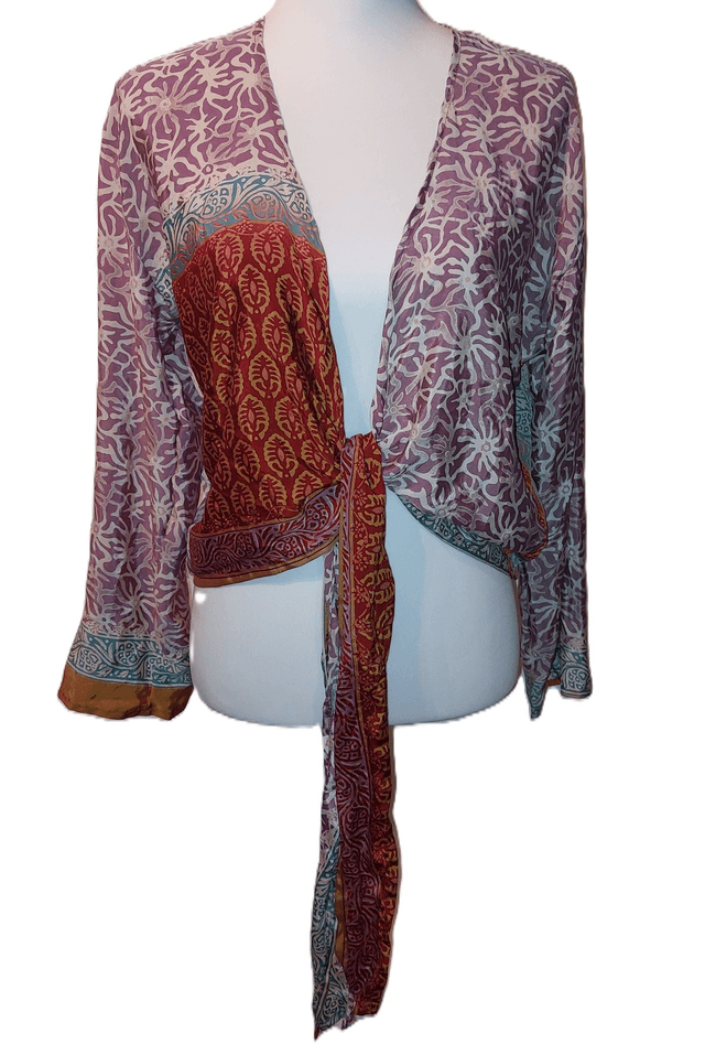 Top femme cache-cœur ou gilet en soie vintage recyclée, manches longues - unique, léger et écoresponsable - beige, vert, rose, rouge