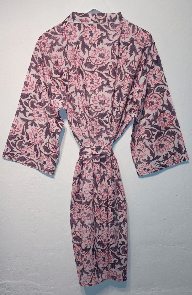 Robe kimono en coton, peignoir, robe de chambre, imprimé à la main, motif floral rose et gris, L.100cm