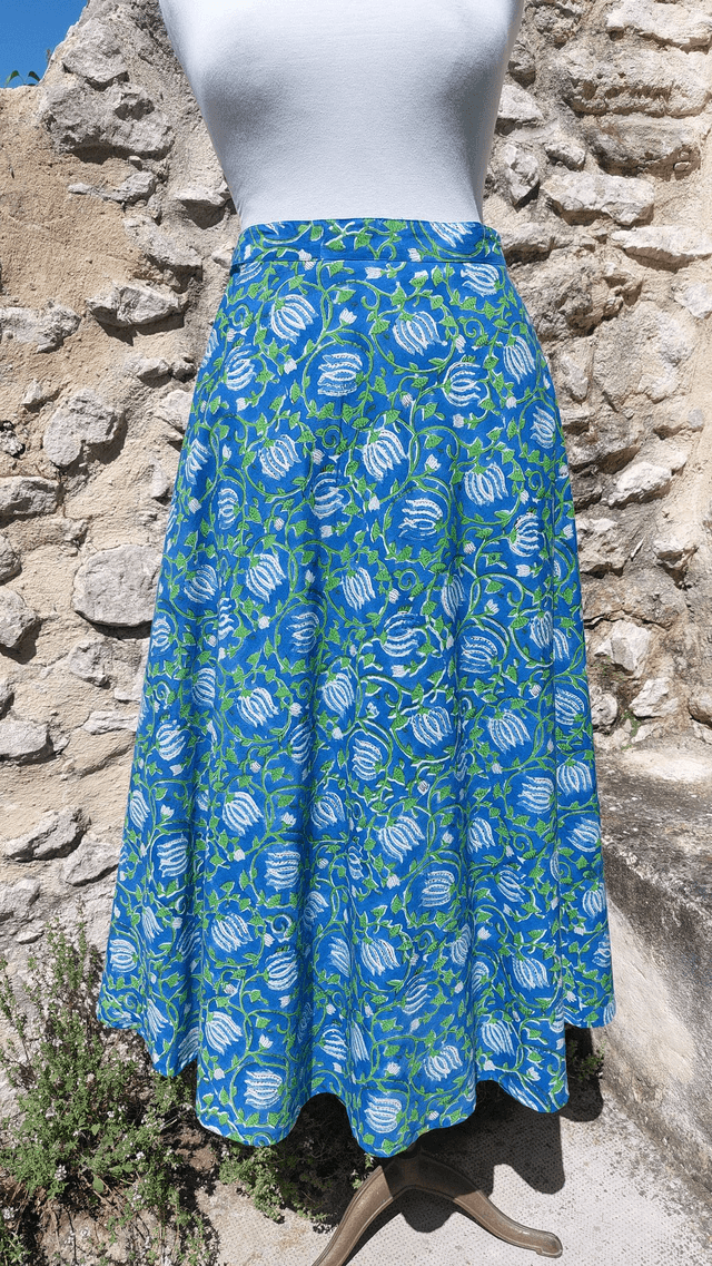 Robe/Jupe 3-en-1 d'été florale bleue en coton voile léger imprimé à la main – Robe polyvalente bohème plage, casual ou élégant 