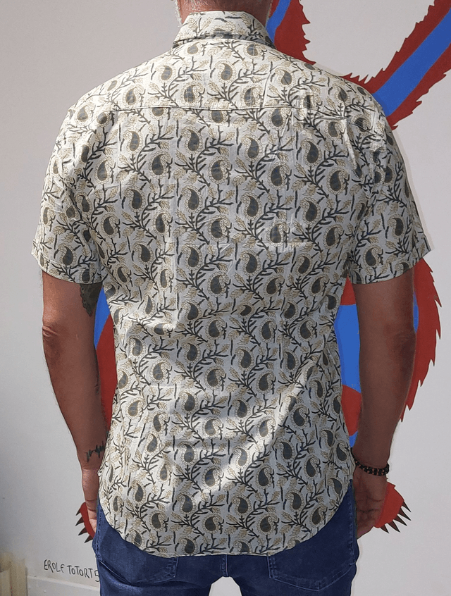 Chemise d'été homme manches courtes, coton léger, motifs jaunes, gris et beige