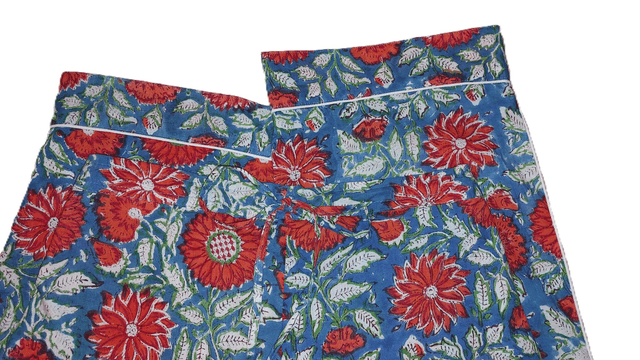 Pyjama femme en coton léger imprimé à la main – Ensemble boutonné deux pièces - orange et bleu canard