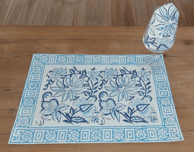 6 sets de table et serviettes, imprimés à la main, fleurs bleues, coton 