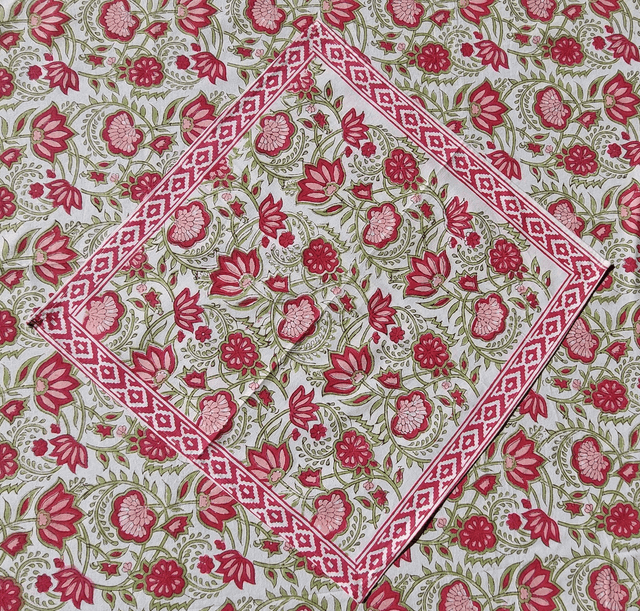 Grande nappe rectangulaire et 6 serviettes imprimées à la main, coton de grande qualité, motif floral rouge, rose et vert