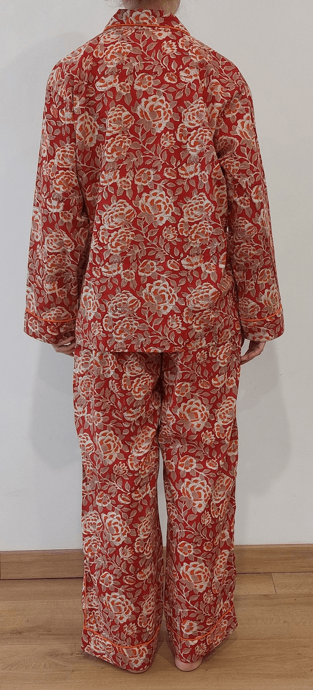 Pyjama femme en coton léger imprimé à la main – Ensemble boutonné deux pièces - rouge et orange