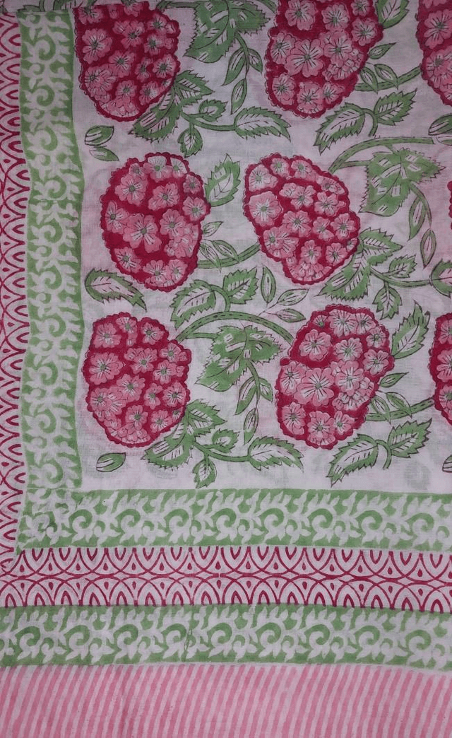 Paréo de plage en coton voile indien imprimé à la main – Motif floral rose, vert et blanc – Étole & châle bohème   