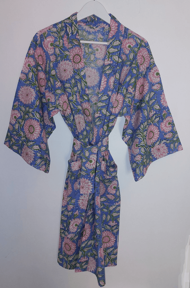 Robe kimono en coton, peignoir, robe de chambre, imprimé à la main, motif floral rose, bleu et vert, L.100cm 