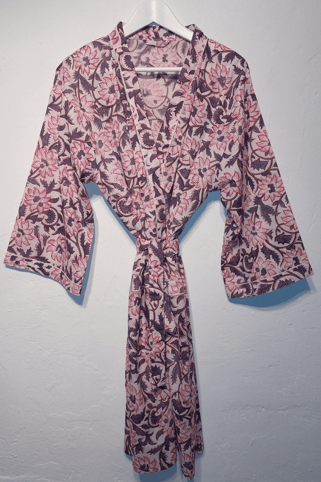 Robe kimono en coton, peignoir, robe de chambre, imprimé à la main, motif floral rose et gris, L.100cm