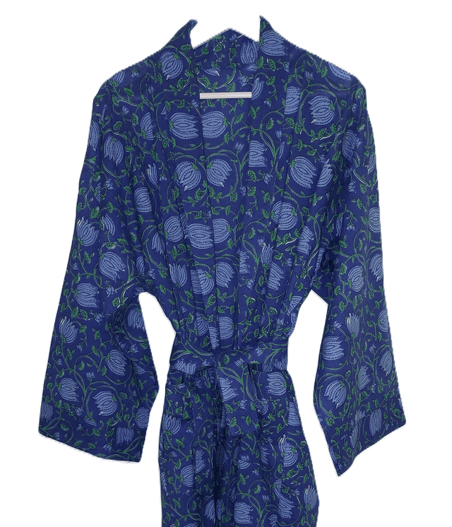 Peignoir kimono unisexe en coton naturel imprimé à la main, motif floral bleu, vert, robe de chambre L.130cm 