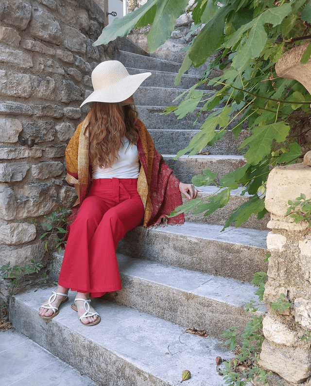 Pantalon d’été en coton léger – Taille haute, zip &amp; ceinture, légèrement évasé, coupe ajustée - Rouge