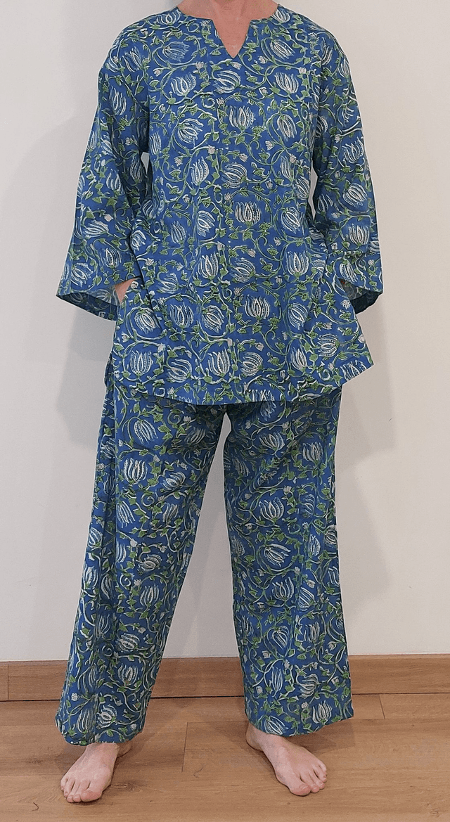 Pyjama  femme en coton léger – imprimé floral vert et bleu -  fait main – ensemble été confortable – cadeau artisanal