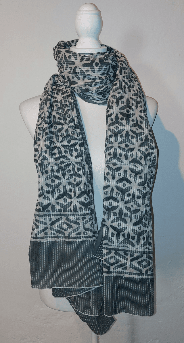 Châle en coton vert brodé Kantha – Teinture naturelle et impression artisanale – Accessoire éthique slow fashion - Nappe - Tissus d&#039;ameublement