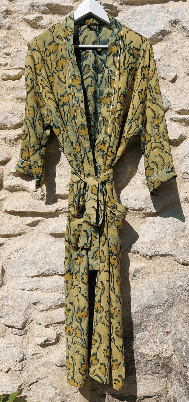  Peignoir unisexe, teintures naturelles artisanales, imprimé à la main, jaune et bleu, robe de chambre L.120cm 