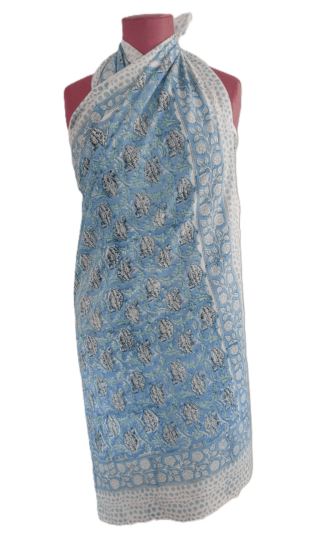 Paréo de plage en coton indien imprimé à la main – Motif floral bleu, vert et blanc – Étole &amp; châle bohème 