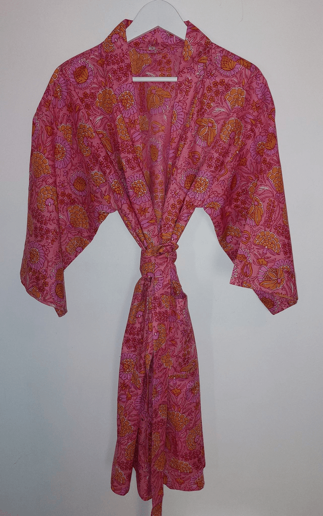 Robe kimono en coton, peignoir, robe de chambre, imprimé à la main, motif floral rose et orange, L.100cm  