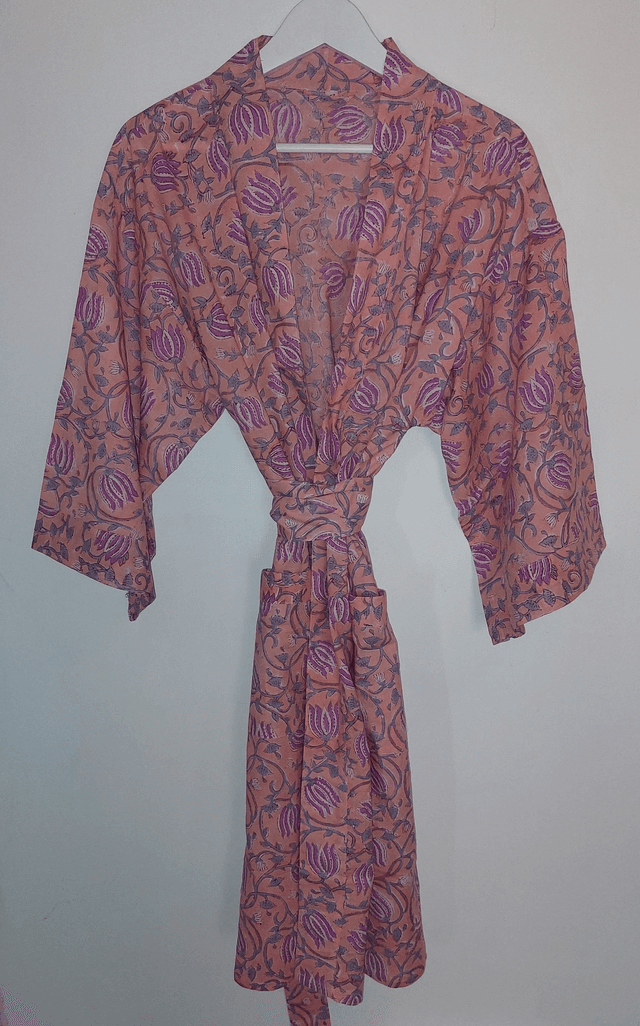 Robe kimono en coton, peignoir, robe de chambre, imprimé à la main, motif floral pourpre, rose orangé et gris, L.100cm 