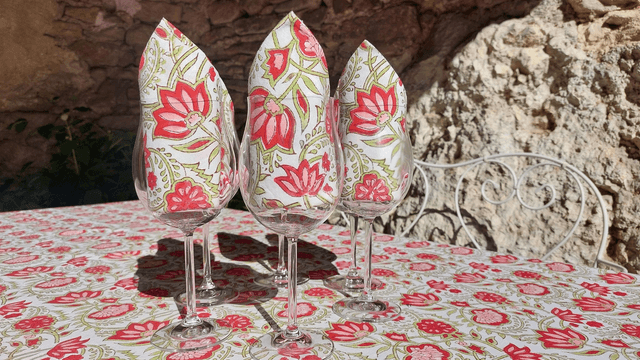 Grande nappe rectangulaire et 6 serviettes imprimées à la main, coton de grande qualité, motif floral rouge, rose et vert