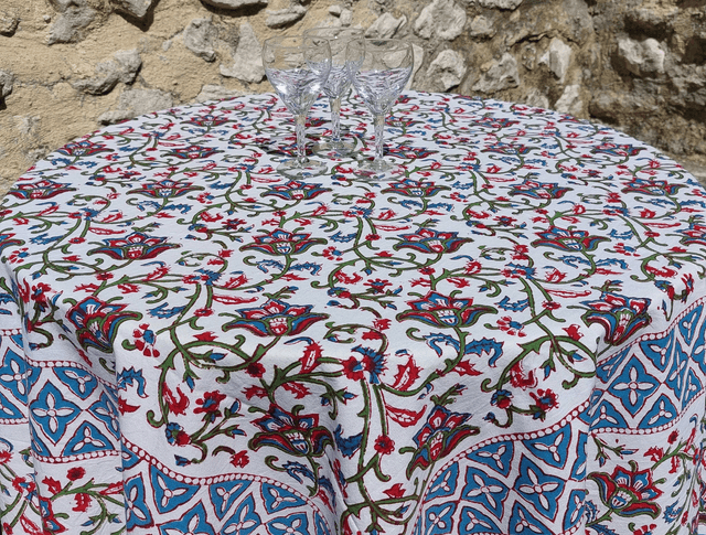 Nappe carrée 150cm impression florale à la main, rouge, bleu, vert,coton