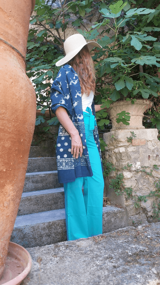 Pantalon d’été en coton léger – Taille haute, zip &amp; ceinture, légèrement évasé, coupe ajustée - Bleu 
