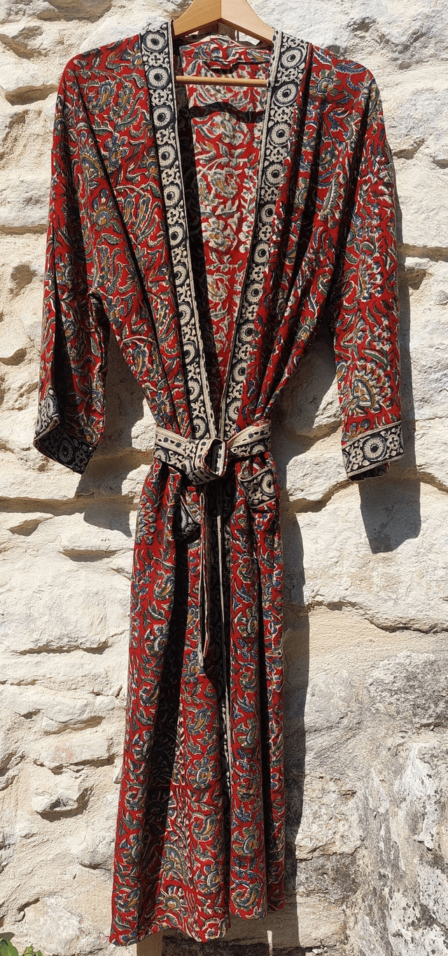  Peignoir unisexe, teintures naturelles artisanales, imprimé à la main, rouge, bleu, vert, jaune, noir, ivoire, robe de chambre L.130cm  