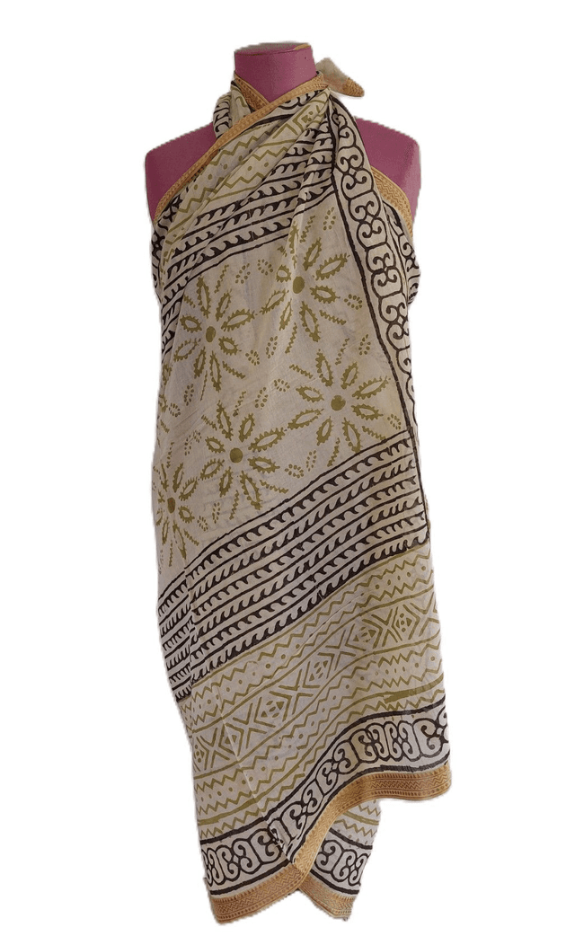 Paréo de plage en coton voile indien imprimé à la main – Motif beige, vert et noir avec bord doré – Étole &amp; châle bohème 